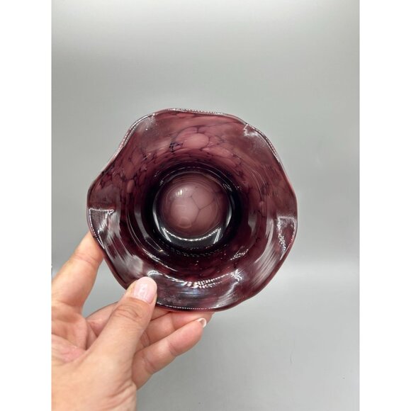 Art Glass Ruffled Edge Bowl Purple White Handmade Candle Holder Trinket Dish - Picture 4 of 10